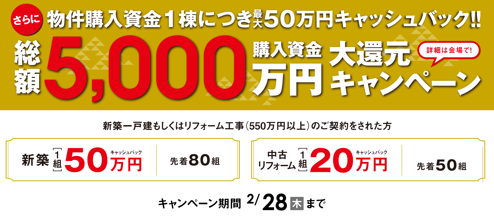 さらに物件購入資金1棟につき最大50万円キャッシュバック！！総額5,000万円購入資金大還元キャンペーン（詳細は会場で！）