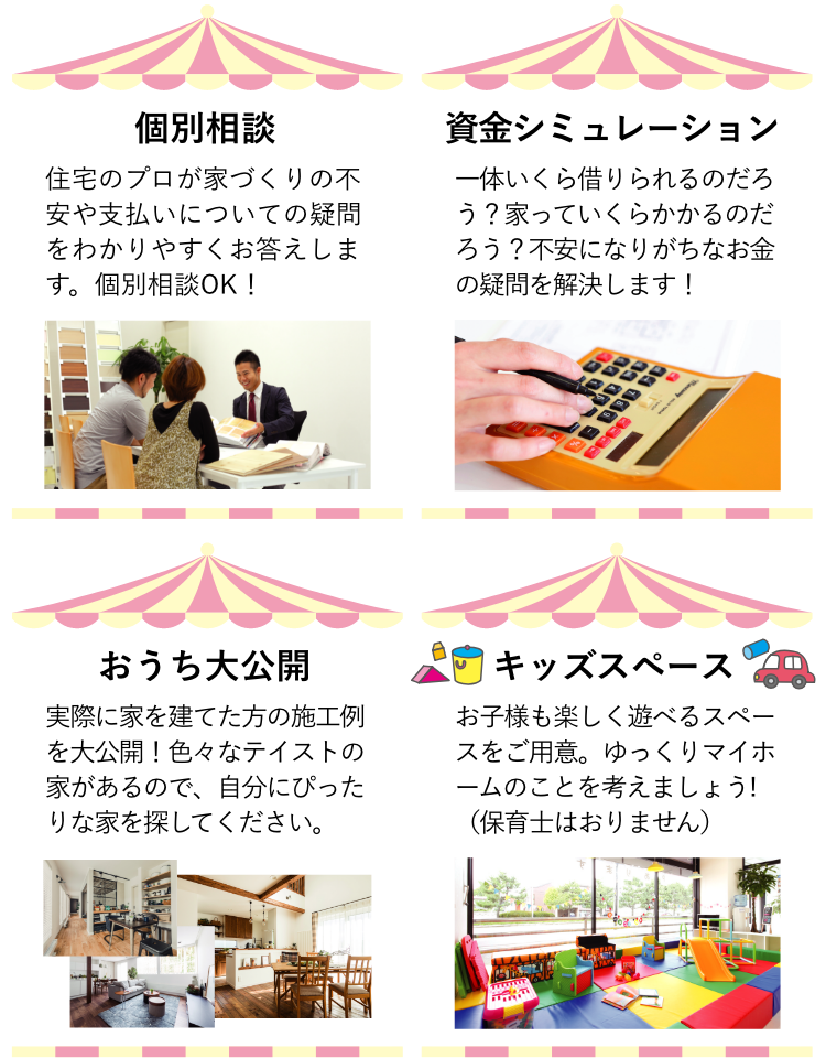 個別相談、資金シミュレーション、おうち大公開の写真パネル、キッズスペースも完備しております。