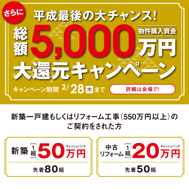 さらに物件購入資金1棟につき最大50万円キャッシュバック！！総額5,000万円購入資金大還元キャンペーン（詳細は会場で！）